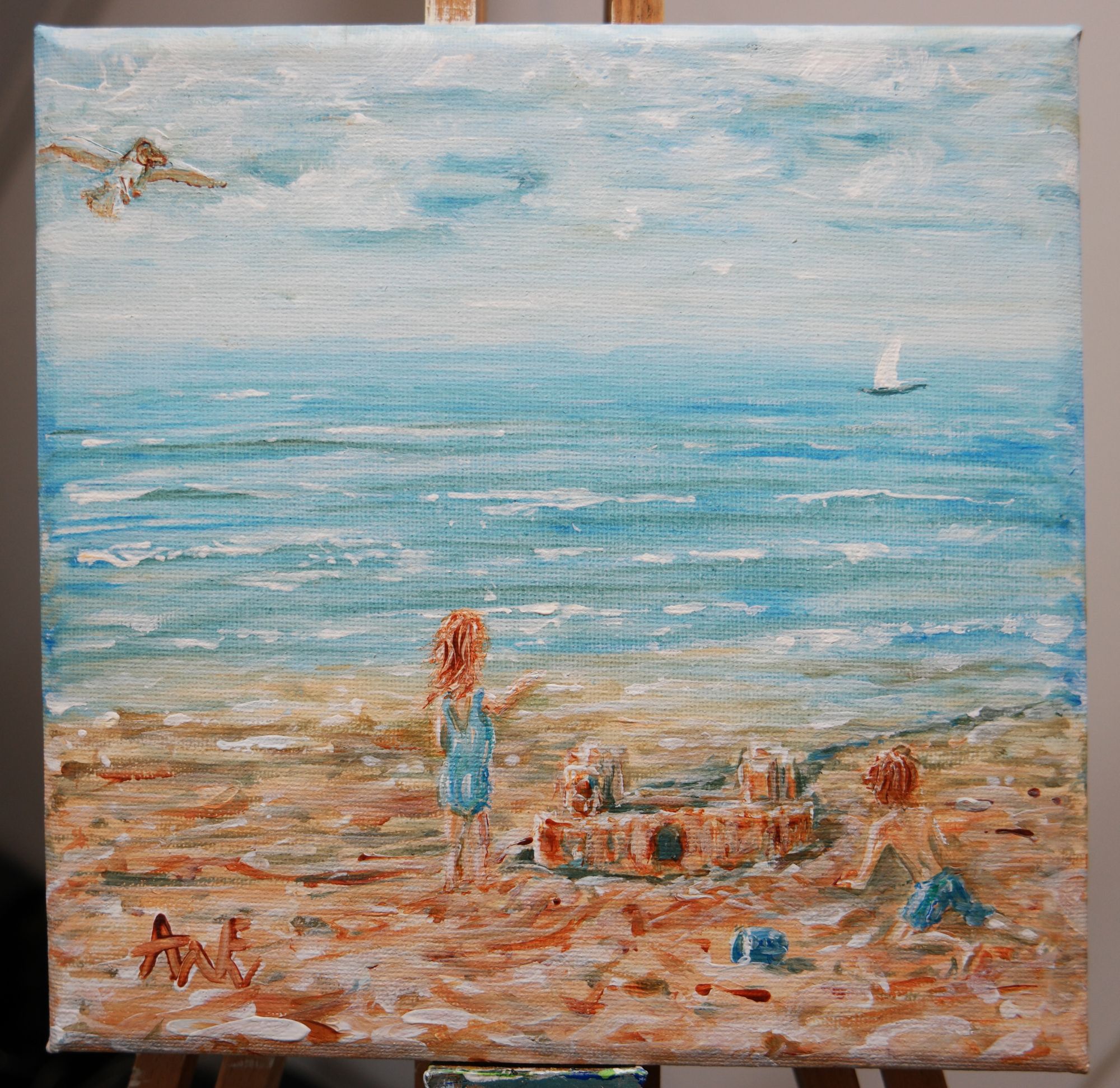 schilderij kinderen spelen op strand acrylverf op canvas