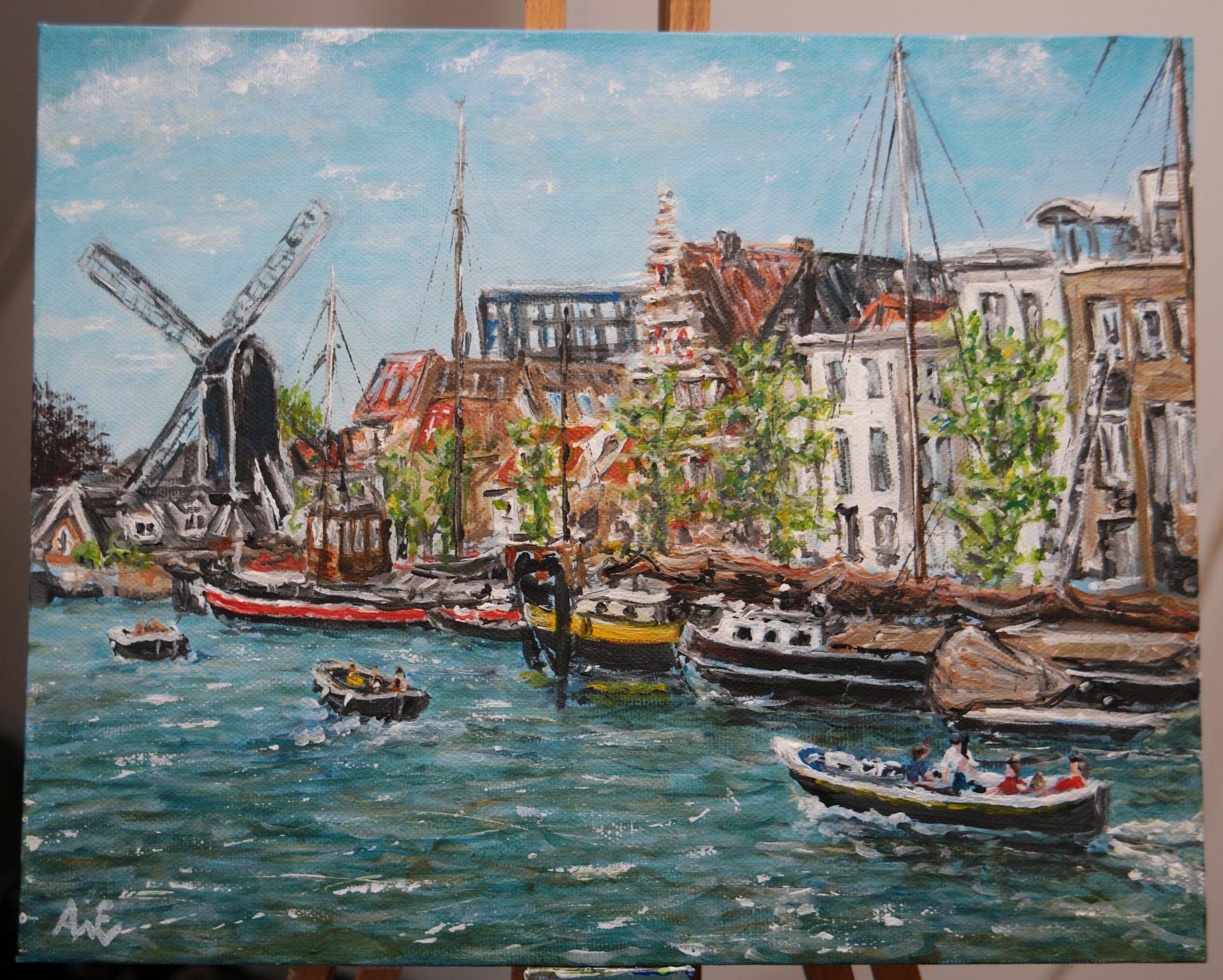 schilderij Leiden molen De Put acrylverf op canvas