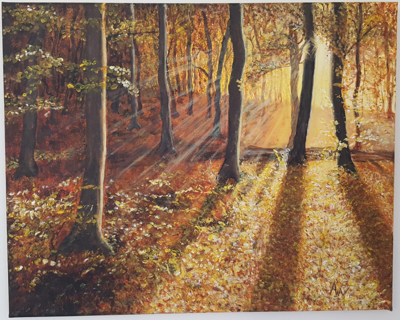 zonnestralen door bomen schilderij acrylverf op canvas